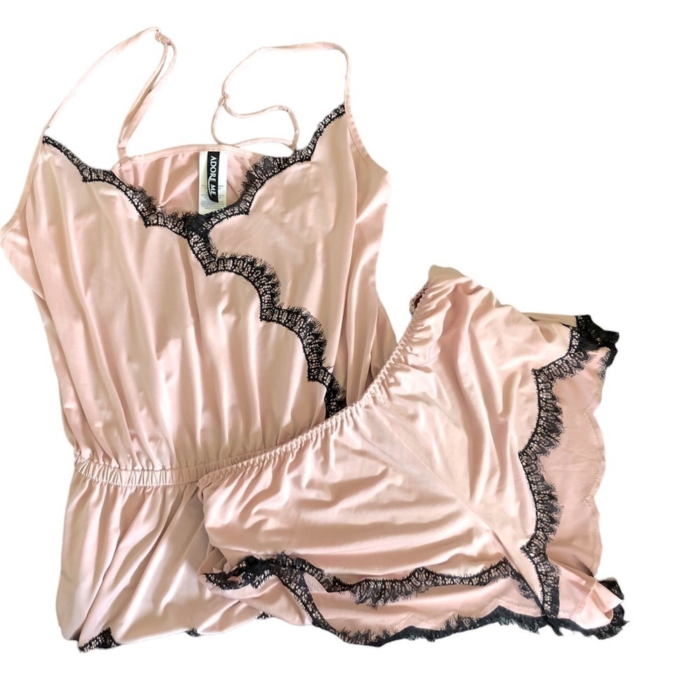 Adore Me 2PC Satin Like Cami & Shortie Tap Pants Lace Trim Sz. 0X Lt Pink